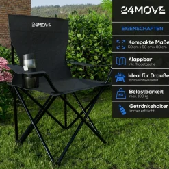 24MOVE® Campingstuhl Faltstuhl, schwarz, mit Getränkehalter und Tragetasche Outdoor, faltbar max. 100kg, Angerstuhl, Klappstuhl