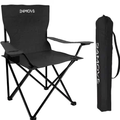 24MOVE® Campingstuhl Faltstuhl, schwarz, mit Getränkehalter und Tragetasche Outdoor, faltbar max. 100kg, Angerstuhl, Klappstuhl