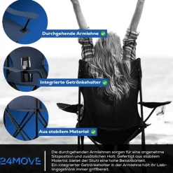 24MOVE® Campingstuhl Faltstuhl, blau, mit Getränkehalter und Tragetasche Outdoor, faltbar max. 100kg, Angerstuhl, Klappstuhl
