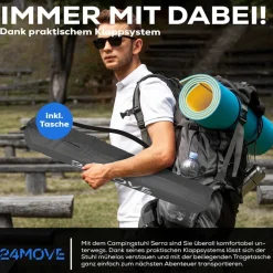 24MOVE® Campingstuhl Faltstuhl, grau, mit Getränkehalter und Tragetasche Outdoor, faltbar max. 100kg, Angerstuhl, Klappstuhl