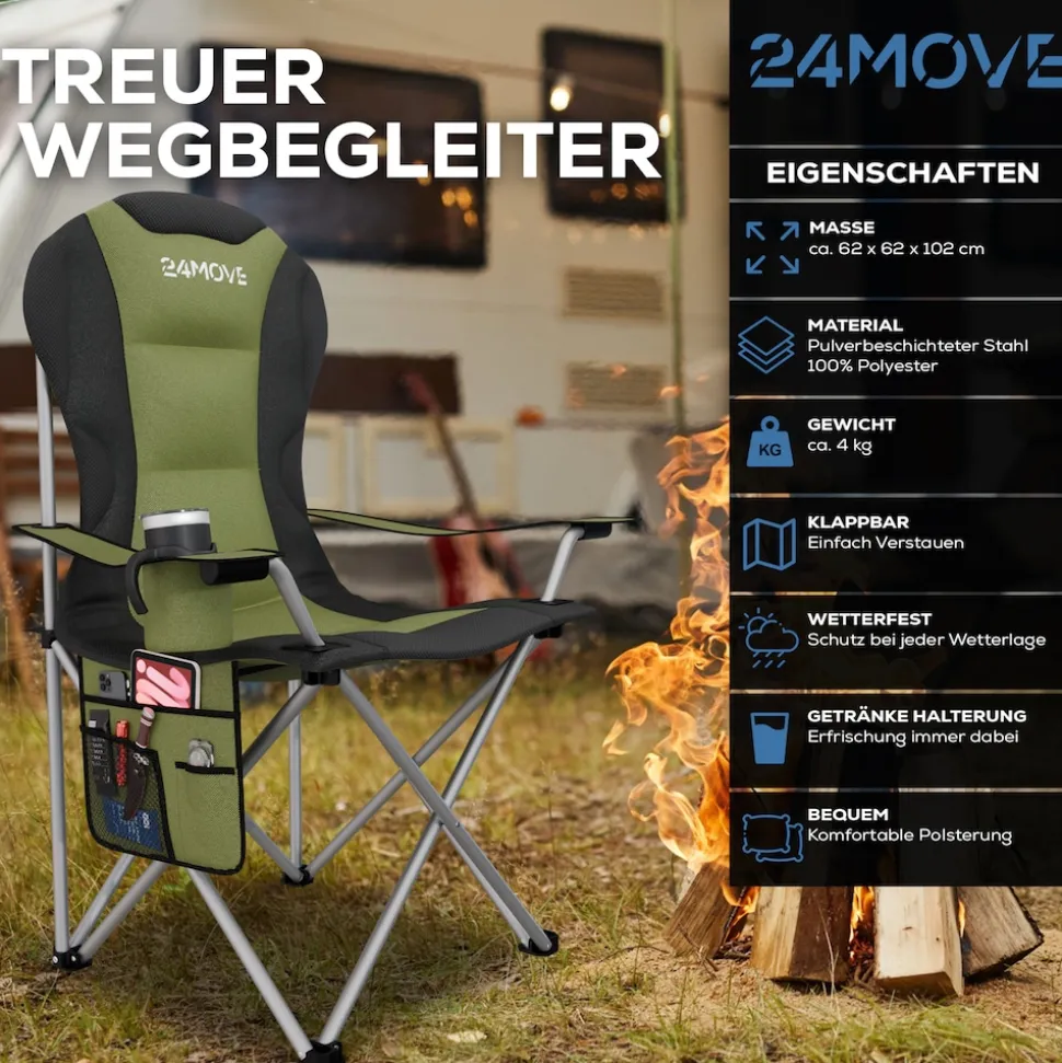24MOVE® Campingstuhl Salvador faltbar Camping Klappstuhl gepolstert inkl. Tragetasche, bis 150kg belastbar, grün