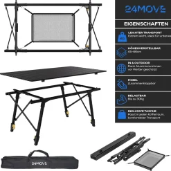 24MOVE® Campingtisch Klapptisch mit Aluminiumrahmen, Tischplatte aufrollbar, Falttisch klappbar, höhenverstellbar, inkl. Tragetasche - bis 30 kg, Anthrazitgrau