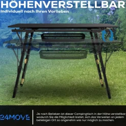 24MOVE® Campingtisch Klapptisch mit Aluminiumrahmen, Tischplatte aufrollbar, Falttisch klappbar, höhenverstellbar, inkl. Tragetasche - bis 30 kg, Anthrazitgrau