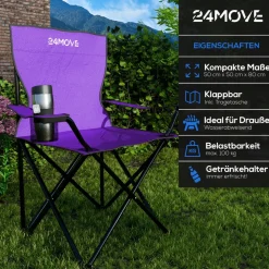 24MOVE® Faltstuhl lila Campingstuhl Anglerstuhl mit Getränkehalter - Anglersessel klappbar - Klappstuhl Gartenstuhl Faltstuhl Relaxsessel Campingsessel faltbar, Polyester, für draußen oder drinnen