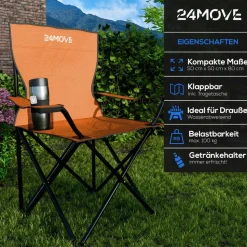 24MOVE® Faltstuhl orange Campingstuhl Anglerstuhl mit Getränkehalter - Anglersessel klappbar - Klappstuhl Gartenstuhl Faltstuhl Relaxsessel Campingsessel faltbar, Polyester, für draußen oder drinnen