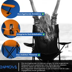 24MOVE® Faltstuhl orange Campingstuhl Anglerstuhl mit Getränkehalter - Anglersessel klappbar - Klappstuhl Gartenstuhl Faltstuhl Relaxsessel Campingsessel faltbar, Polyester, für draußen oder drinnen