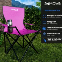 24MOVE® Faltstuhl pink Campingstuhl Anglerstuhl mit Getränkehalter - Anglersessel klappbar - Klappstuhl Gartenstuhl Faltstuhl Relaxsessel Campingsessel faltbar, Polyester, für draußen oder drinnen
