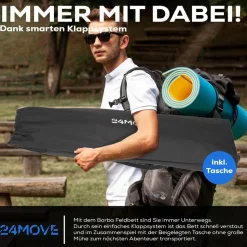 24MOVE® Feldbett Campingbett bis 150 kg In-und Outdoor Camping faltbar mit Seitentasche und Kissen