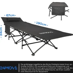 24MOVE® Feldbett Campingbett bis 150 kg In-und Outdoor Camping faltbar mit Seitentasche und Kissen