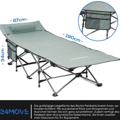 24MOVE® Feldbett Campingbett bis 150 kg In-und Outdoor Camping faltbar mit Seitentasche und Kissen