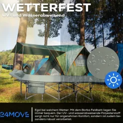 24MOVE® Feldbett Campingbett bis 150 kg In-und Outdoor Camping faltbar mit Seitentasche und Kissen