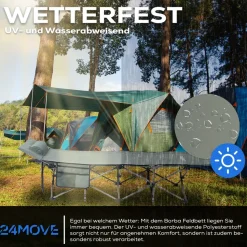 24MOVE® Feldbett Campingbett bis 150 kg In-und Outdoor Camping faltbar mit Seitentasche und Kissen