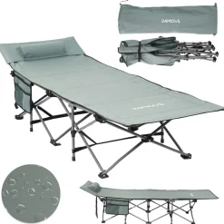 24MOVE® Feldbett Campingbett bis 150 kg In-und Outdoor Camping faltbar mit Seitentasche und Kissen