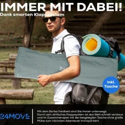 24MOVE® Feldbett Campingbett bis 150 kg In-und Outdoor Camping faltbar mit Seitentasche und Kissen