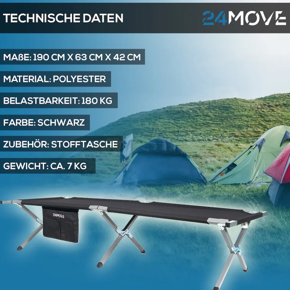 24MOVE® Feldbett Campingbett bis 180 kg In-und Outdoor Camping faltbar, inkl. Tragetasche für einfachen Transport
