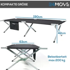 24MOVE® Feldbett Campingbett bis 180 kg In-und Outdoor Camping faltbar, inkl. Tragetasche für einfachen Transport