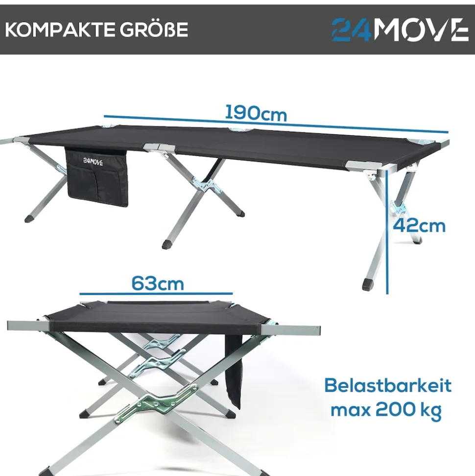24MOVE® Feldbett Campingbett bis 180 kg In-und Outdoor Camping faltbar, inkl. Tragetasche für einfachen Transport
