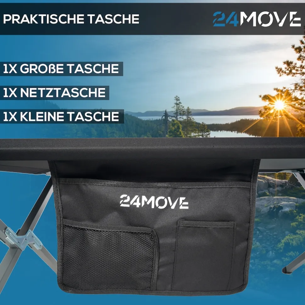24MOVE® Feldbett Campingbett bis 180 kg In-und Outdoor Camping faltbar, inkl. Tragetasche für einfachen Transport