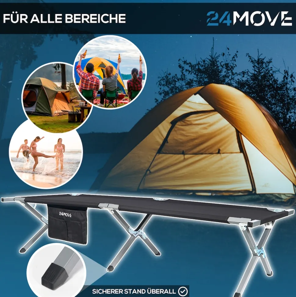 24MOVE® Feldbett Campingbett bis 180 kg In-und Outdoor Camping faltbar, inkl. Tragetasche für einfachen Transport