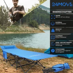 24MOVE® Feldbett Campingbett bis 150 kg In-und Outdoor Camping faltbar mit Seitentasche und Kissen