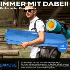 24MOVE® Feldbett Campingbett bis 150 kg In-und Outdoor Camping faltbar mit Seitentasche und Kissen