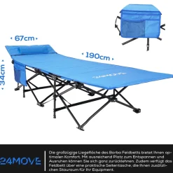 24MOVE® Feldbett Campingbett bis 150 kg In-und Outdoor Camping faltbar mit Seitentasche und Kissen