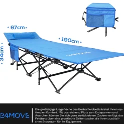24MOVE® Feldbett Campingbett bis 150 kg In-und Outdoor Camping faltbar mit Seitentasche und Kissen