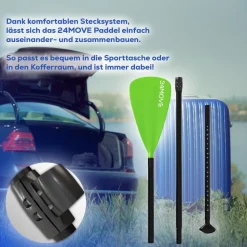 24MOVE® Paddel Einzelpaddel Stechpaddel für SUP Stand Up Board, Kajak, Leicht aus Aluminium 210cm, verstellbar grün