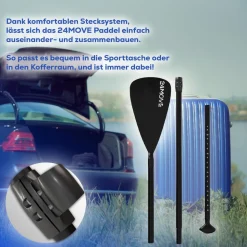 24MOVE® Paddel Einzelpaddel Stechpaddel für SUP Stand Up Board, Kajak, Leicht aus Aluminium 210cm, verstellbar schwarz