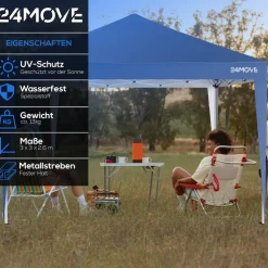 24MOVE® Pavillon Santos 3x3m Pop-Up UV-Schutz 50+ Wasserdicht & winterfest mit Tasche faltbar & stabil, für Camping & Garten Faltpavillon - Partyzelt Blaullon Faltpavillion SANTOS 3x3M Pop Up wasserdicht klappbar, blau