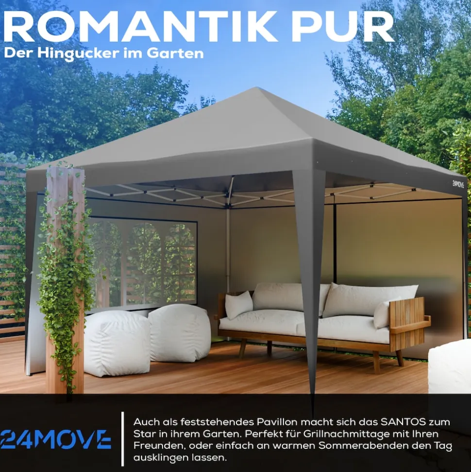 24MOVE® Pavillon Santos 3x3m Pop-Up UV-Schutz 50+ Wasserdicht & winterfest mit Tasche faltbar & stabil, für Camping & Garten Faltpavillon - Partyzelt Grau