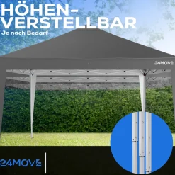 24MOVE® Pavillon Santos 3x3m Pop-Up UV-Schutz 50+ Wasserdicht & winterfest mit Tasche faltbar & stabil, für Camping & Garten Faltpavillon - Partyzelt Grau