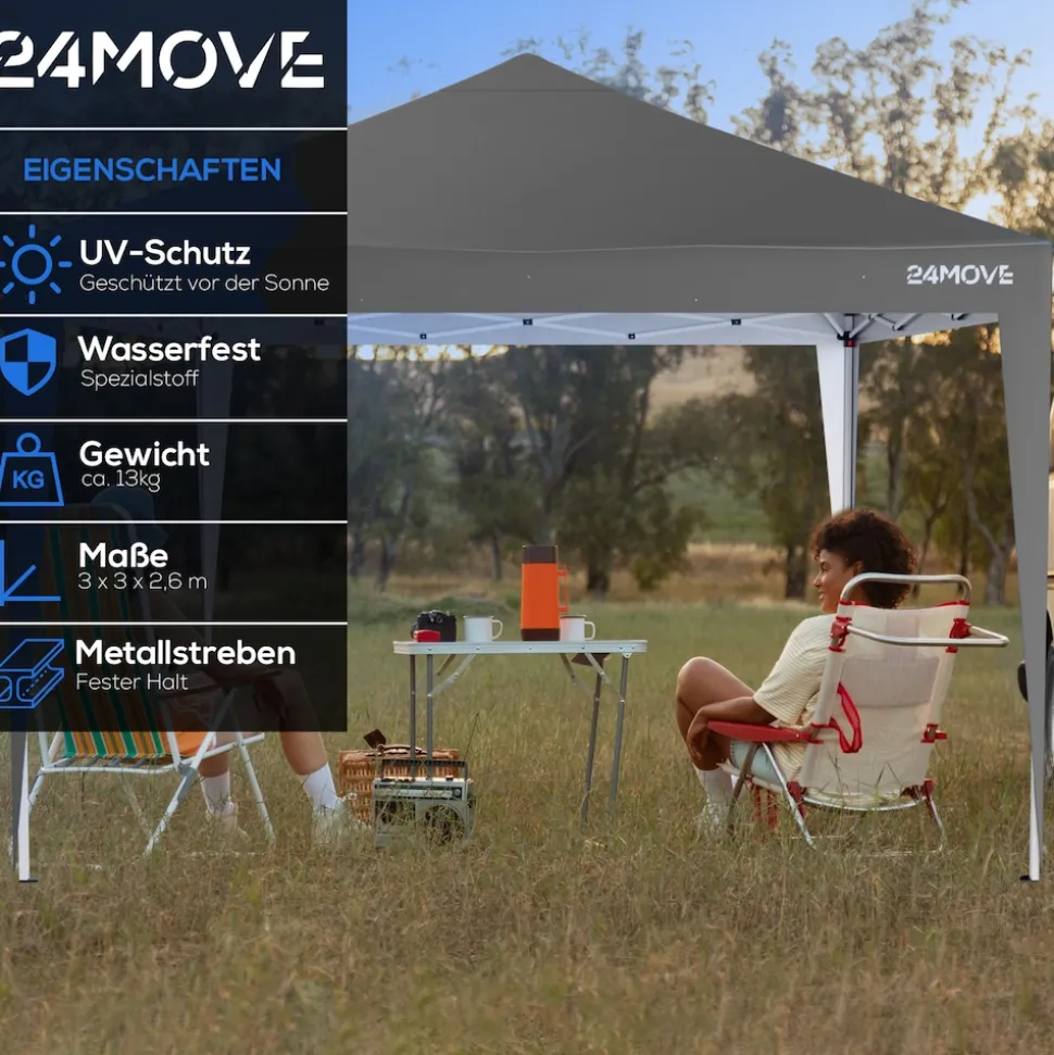 24MOVE® Pavillon Santos 3x3m Pop-Up UV-Schutz 50+ Wasserdicht & winterfest mit Tasche faltbar & stabil, für Camping & Garten Faltpavillon - Partyzelt Grau