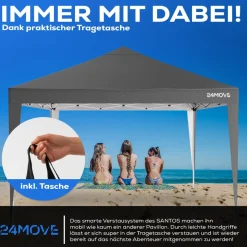 24MOVE® Pavillon Santos 3x3m Pop-Up UV-Schutz 50+ Wasserdicht & winterfest mit Tasche faltbar & stabil, für Camping & Garten Faltpavillon - Partyzelt Grau