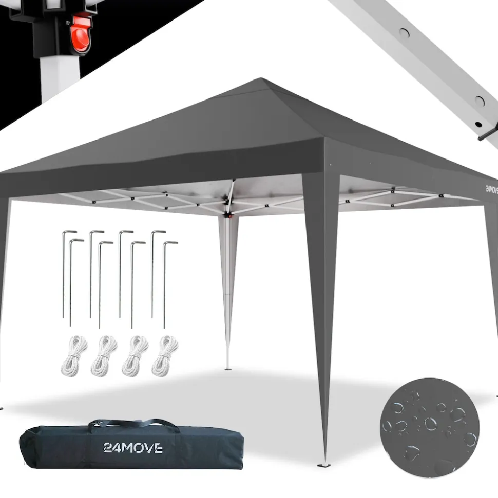 24MOVE® Pavillon Santos 3x3m Pop-Up UV-Schutz 50+ Wasserdicht & winterfest mit Tasche faltbar & stabil, für Camping & Garten Faltpavillon - Partyzelt Grau