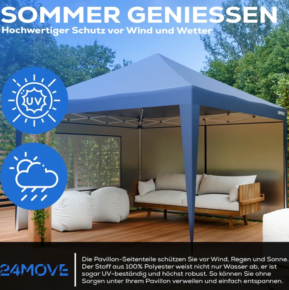24MOVE® Pavillon Seitenteile 2er Set 2x3m mit Fenster & Reissverschluss, wasserdicht, blau - für Partyzelt, Festzelt, Festivals