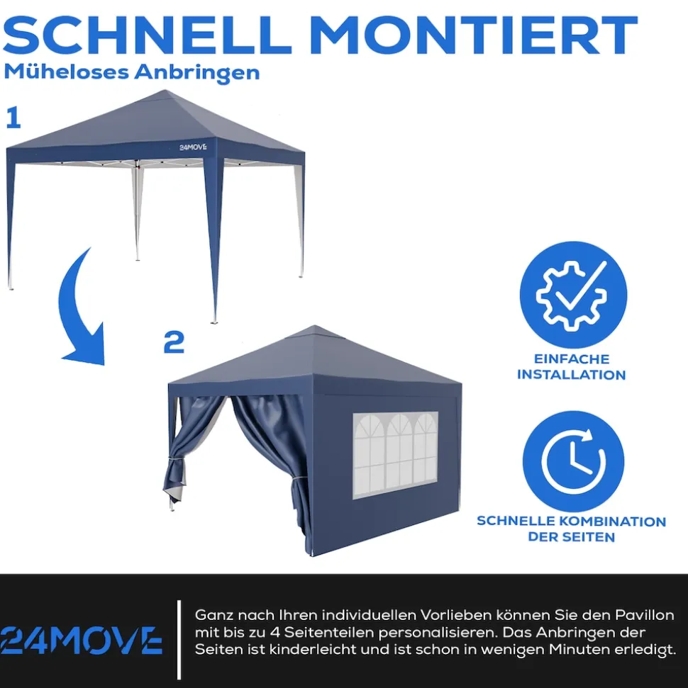 24MOVE® Pavillon Seitenteile 2er Set 2x3m mit Fenster & Reissverschluss, wasserdicht, blau - für Partyzelt, Festzelt, Festivals