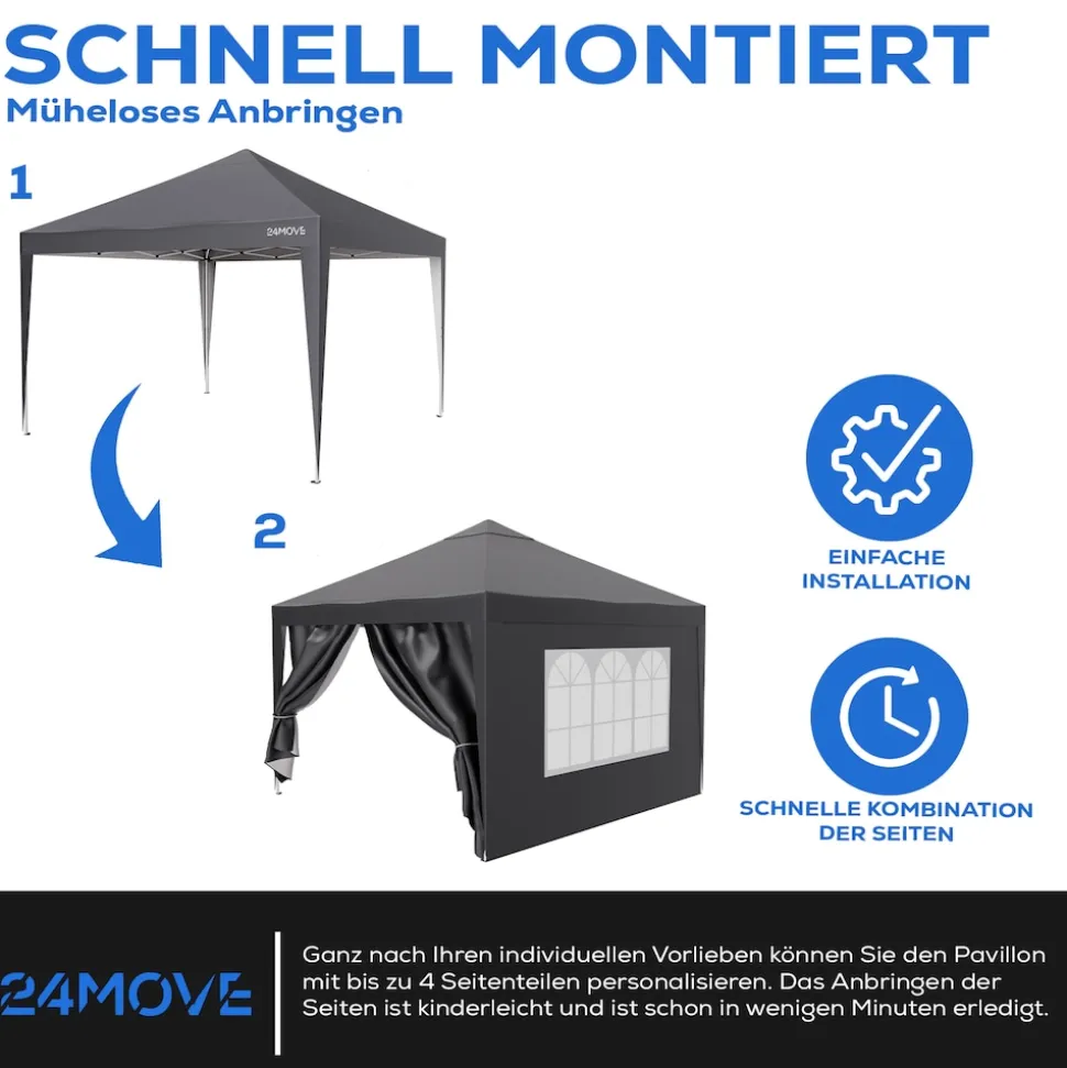 24MOVE® Pavillon Seitenteile 2er Set 2x3m mit Fenster & Reissverschluss, wasserdicht, grau - für Partyzelt, Festzelt, Festivals
