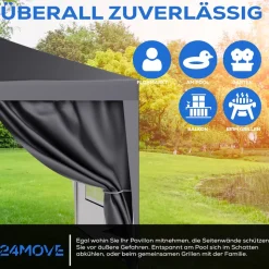 24MOVE® Pavillon Seitenteile 2er Set 2x3m mit Fenster & Reissverschluss, wasserdicht, grau - für Partyzelt, Festzelt, Festivals