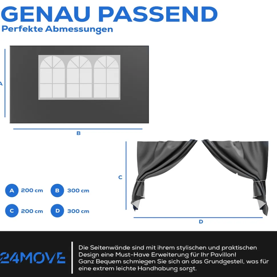 24MOVE® Pavillon Seitenteile 2er Set 2x3m mit Fenster & Reissverschluss, wasserdicht, grau - für Partyzelt, Festzelt, Festivals