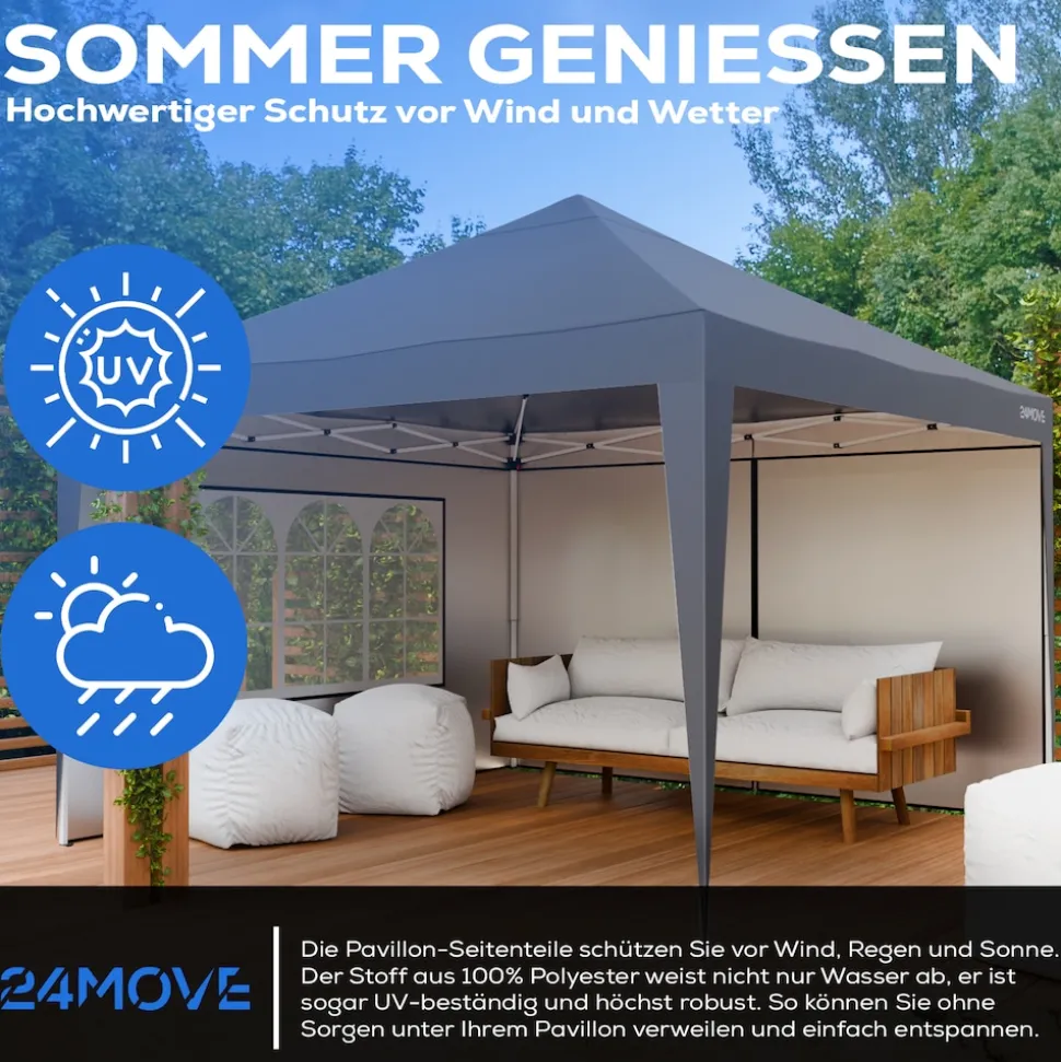 24MOVE® Pavillon Seitenteile 2er Set 2x3m mit Fenster & Reissverschluss, wasserdicht, grau - für Partyzelt, Festzelt, Festivals