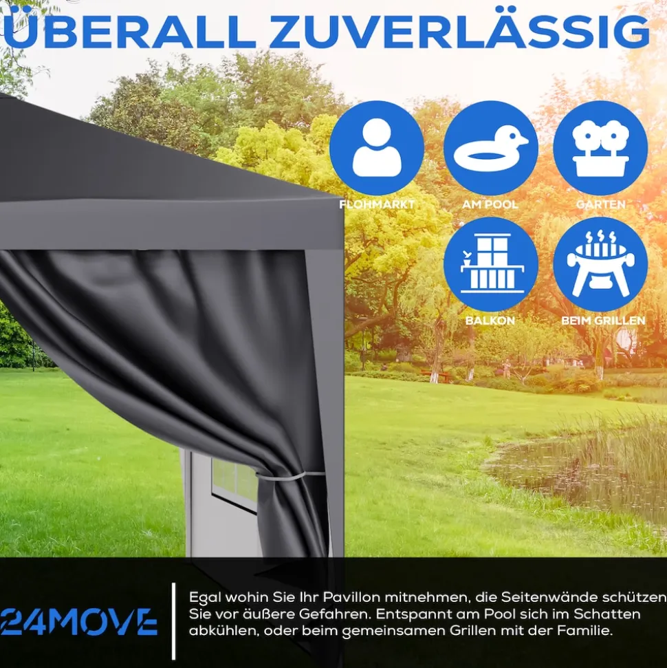 24MOVE® Pavillon Seitenteile 2er Set 2x3m mit Fenster & Reissverschluss, wasserdicht, grau - für Partyzelt, Festzelt, Festivals