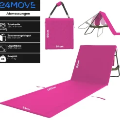 24MOVE® Strandmatte 2er Set klappbar mit Rückenlehne, Strandliege mit Gurt, tragbar für Strand und Garten, Liegematte rosa