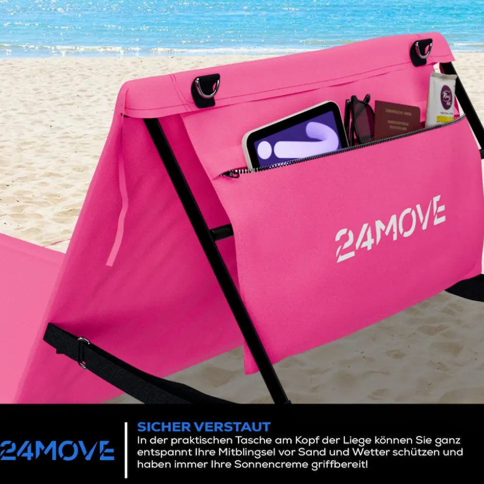 24MOVE® Strandmatte 1er Set klappbar mit Rückenlehne, Strandliege mit Gurt, tragbar für Strand und Garten, Liegematte rosa