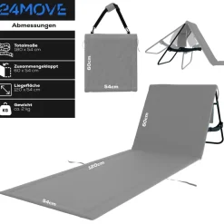 24MOVE® Strandmatte 1er Set klappbar mit Rückenlehne, Strandliege mit Gurt, tragbar für Strand und Garten, Liegematte grau