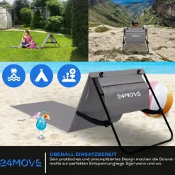 24MOVE® Strandmatte 1er Set klappbar mit Rückenlehne, Strandliege mit Gurt, tragbar für Strand und Garten, Liegematte grau