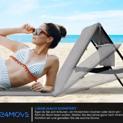 24MOVE® Strandmatte 1er Set klappbar mit Rückenlehne, Strandliege mit Gurt, tragbar für Strand und Garten, Liegematte grau