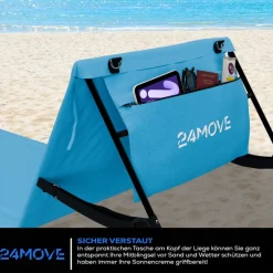 24MOVE® Strandmatte 1er Set klappbar mit Rückenlehne, Strandliege mit Gurt, tragbar für Strand und Garten, Liegematte blau