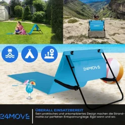 24MOVE® Strandmatte 1er Set klappbar mit Rückenlehne, Strandliege mit Gurt, tragbar für Strand und Garten, Liegematte blau