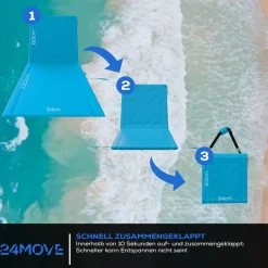 24MOVE® Strandmatte 1er Set klappbar mit Rückenlehne, Strandliege mit Gurt, tragbar für Strand und Garten, Liegematte blau